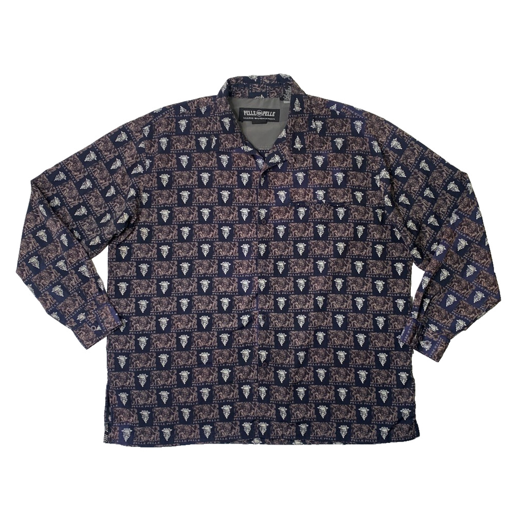 Vintage Pelle Pelle Shirt Mens XL Navy Smoke Printed Long Sleeve Mark Buchanan